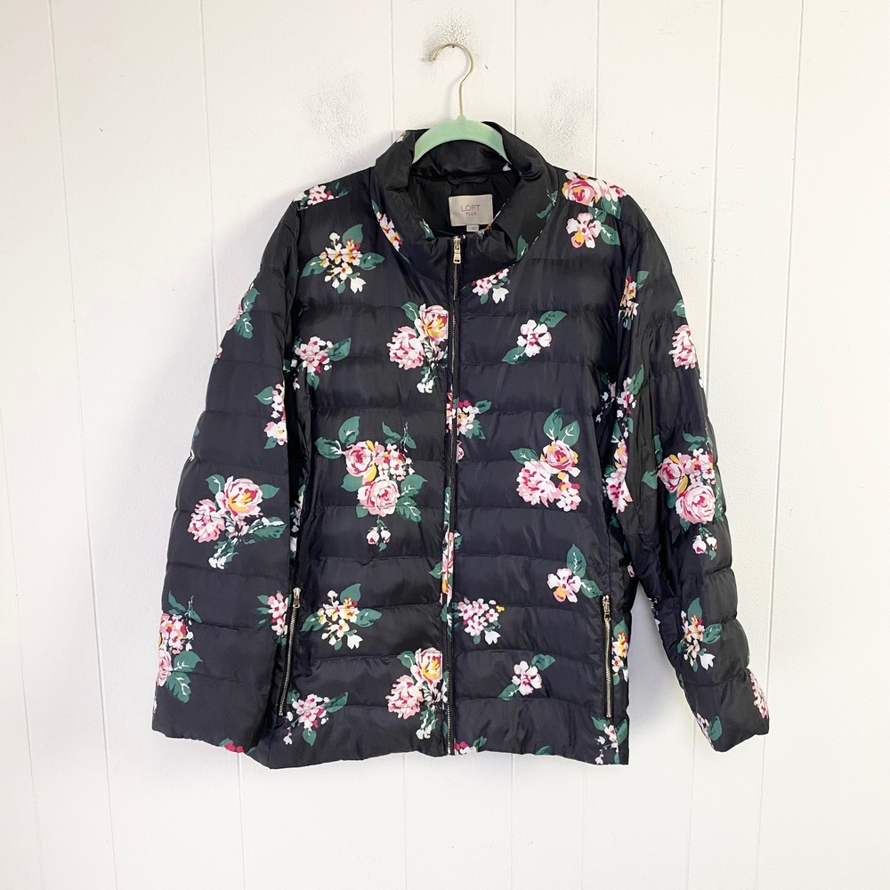 Loft Plus Women Black Floral Puffer Jacket Size 22 Full Zip Quilted Coat